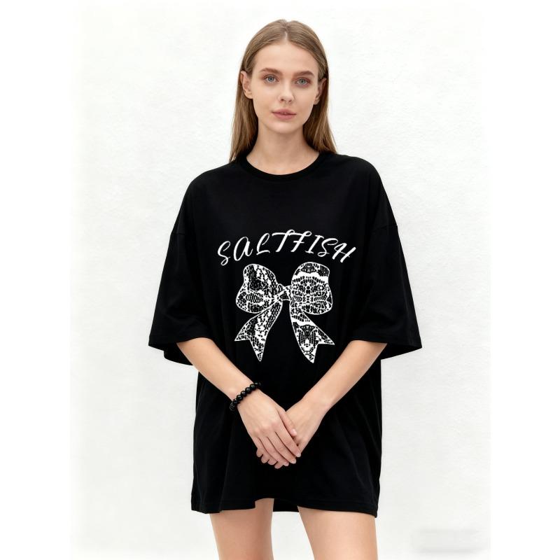 Oversized T Shirt Black Saltfish Text and Bow Print Graphic Tee Casual Streetwear Fashion Women's Top