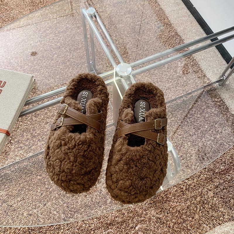Leopard print fluffy shoes 2025 autumn and winter new thick-soled outer wear versatile fashion warm and height-increasing plush cotton slippers