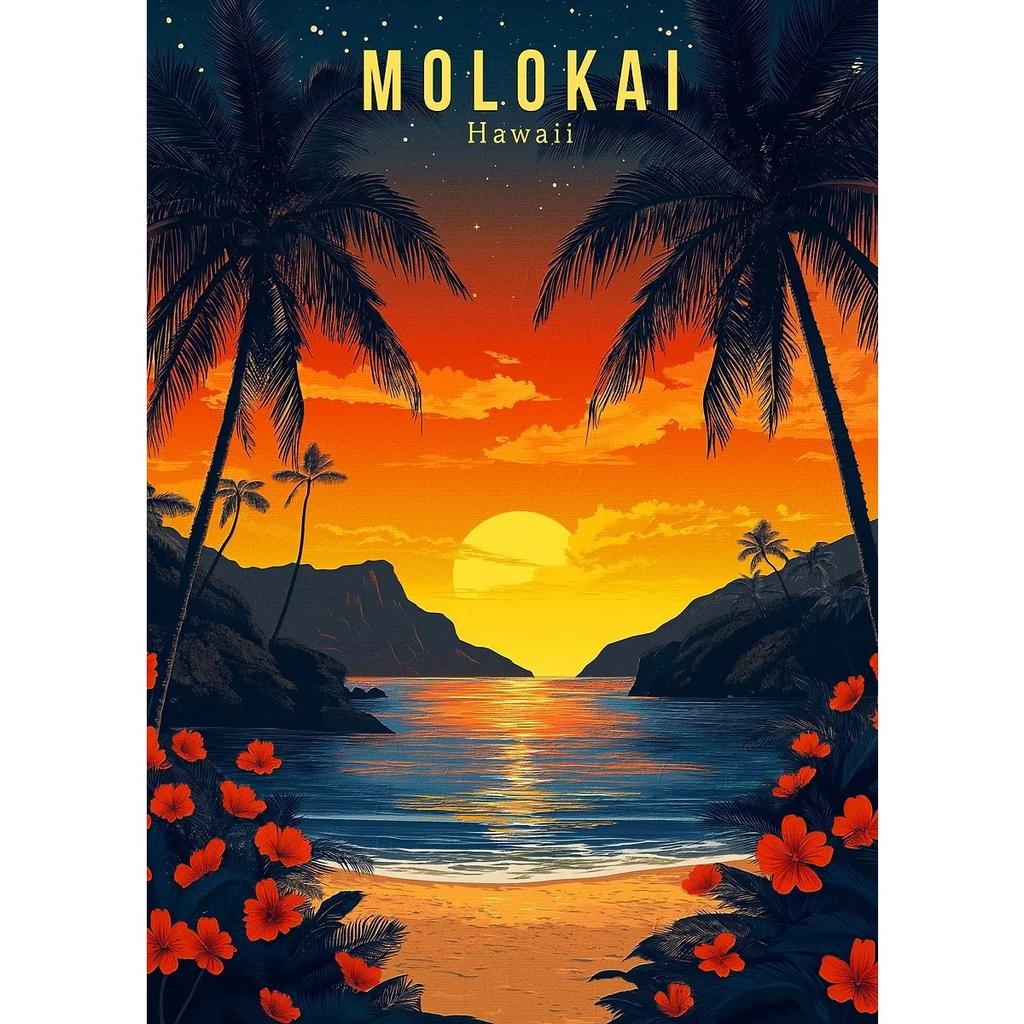 Hawaii Travel Posters Oahu Waikiki Sunset Vintage Tropical Prints Beach Ocean Canvas Painting Wall Art Pictures Home Room Decor