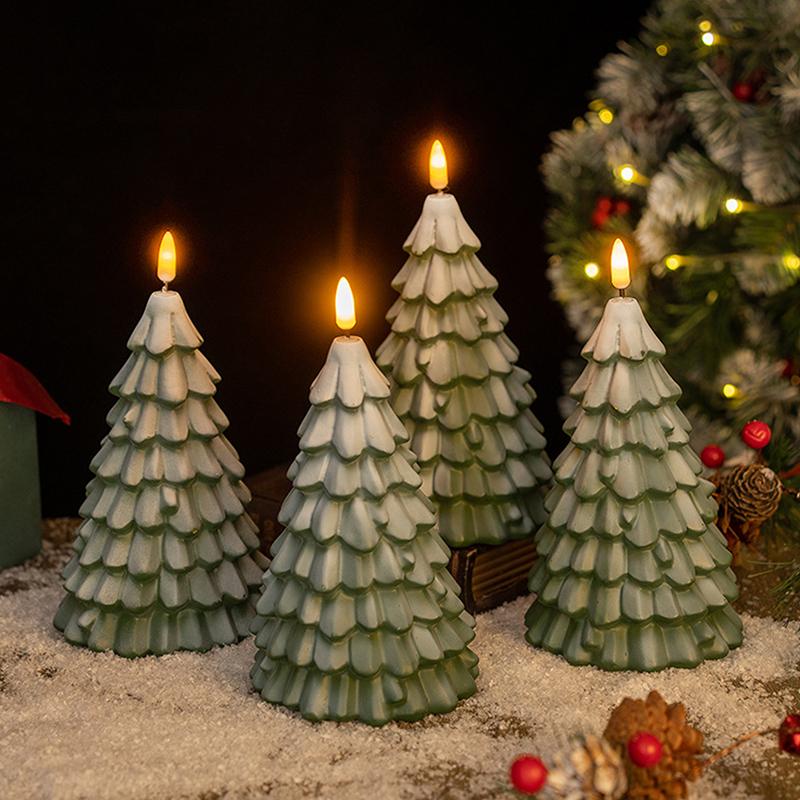Christmas Tree Shaped LED Candles, Flameless Pillar Candles, Battery Operated LED Candle With 3D Flame Wick, Green Candles