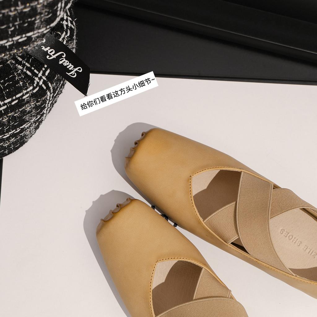 Apricot Square Head Ballet Shoes Female Retro Leather Strap Single Shoes Fairy Ballet Shoes Thick Heel Mary Jane Shoes