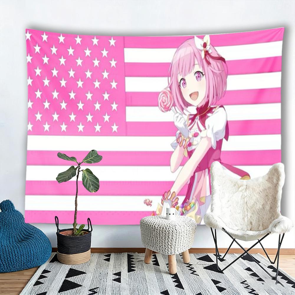 Anime Pink Hair Girl American Flag Tapestry Wall Hanging Cute Lollipop Character Poster Decorative Blanket Bedroom Living Room H