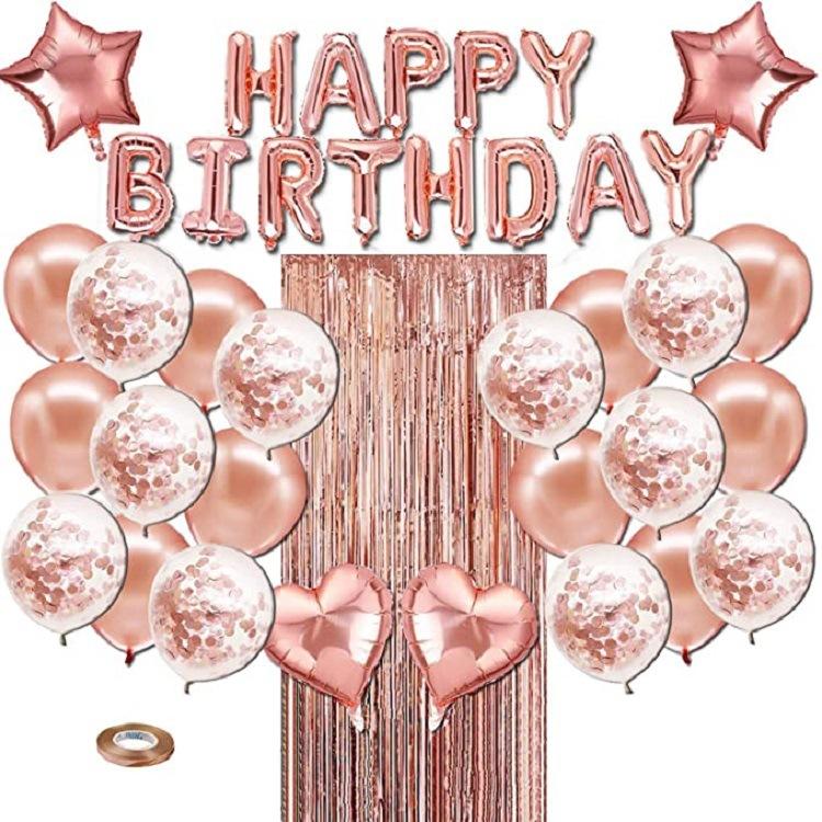 26 PCS Rose Gold Happy Birthday Letter Balloon Set with Rain Confetti Birthday Party Decoration Supplies Celebration Decorations
