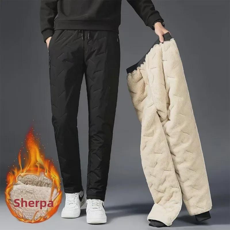 Men's Plus Velvet Waterproof Thick Warm Windproof Cotton Straight Pants - Large Size Casual Wear for Autumn and Winter.