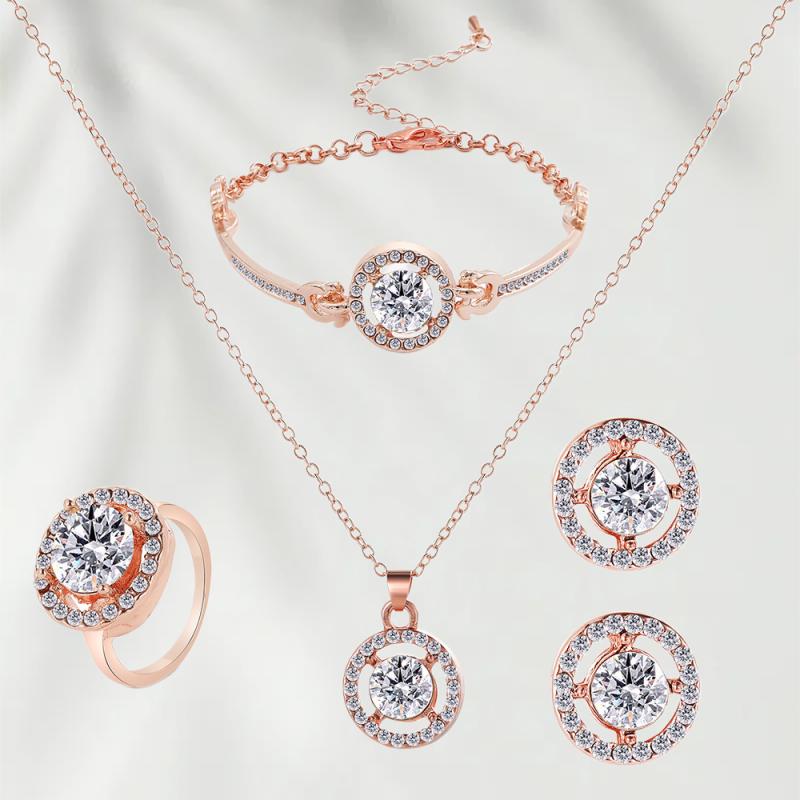 4PCS Sparkling Full Crystal Rhinestone Jewelry Set Earrings Necklace Bracelet Ring for Women Silver Plated Bridal Banquet Accessories