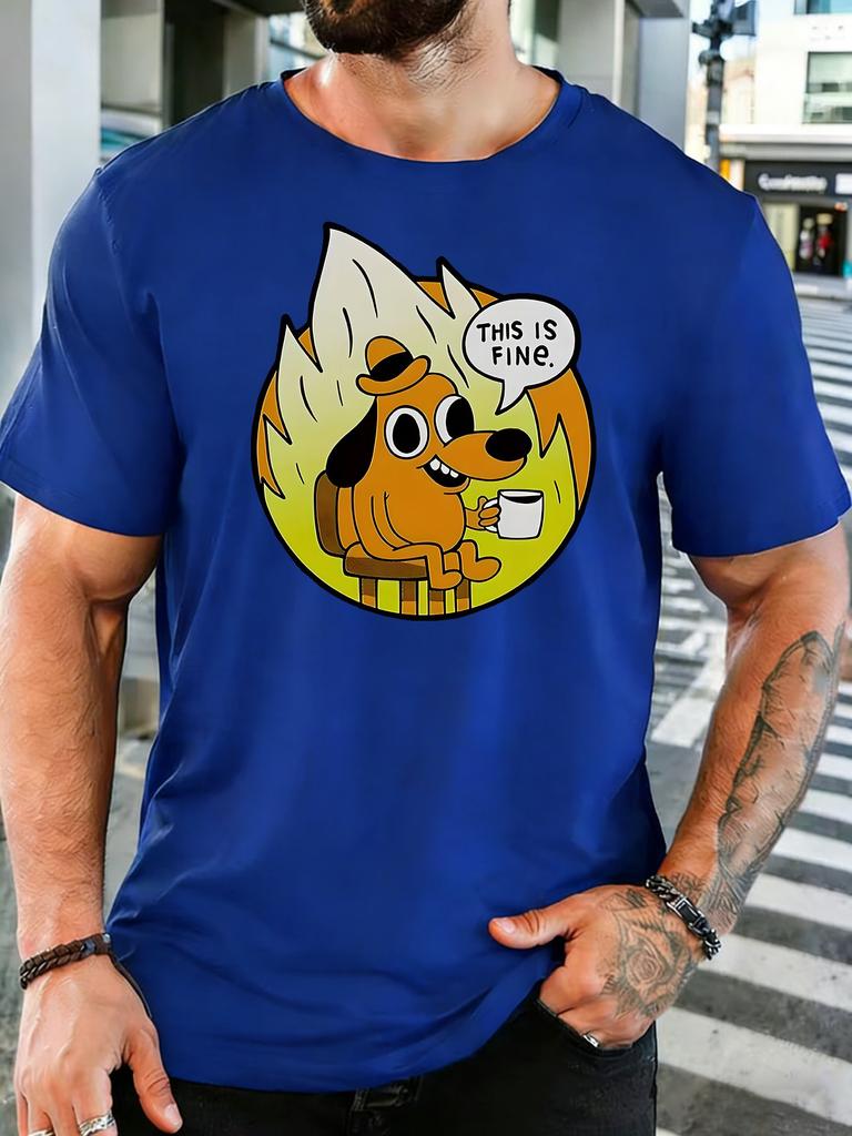 Unisex Rotes Rundhals-T-Shirt Klassisch This Is Fine Meme Hund Flammen Hintergrunddruck Locker Sommer Streetwear Lässig Kurzarm Basic Oberteil