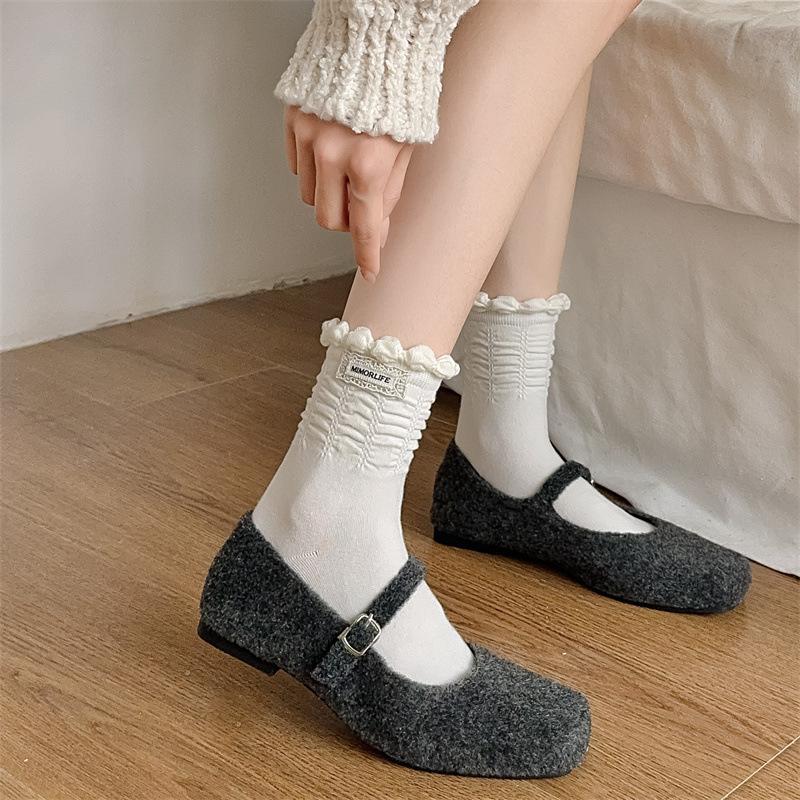 Korean Lace Cloth Label Solid Color Socks Versatile Pleated Lace Medium Tube Socks And Girls' Socks Stacking Socks