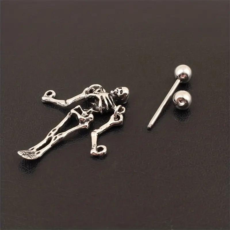 Gothic Halloween Street Barbell Skeleton Human Shaped Bone Earrings for Women Vintage Punk Barbell Pierced Skull Earring Jewelry