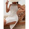 Summer Vacation Sexy Hollow Out O-neck Sleeveless Dress Solid Knitted Dress Elegant High Slit Dresses Beach Sunscreen Cover
