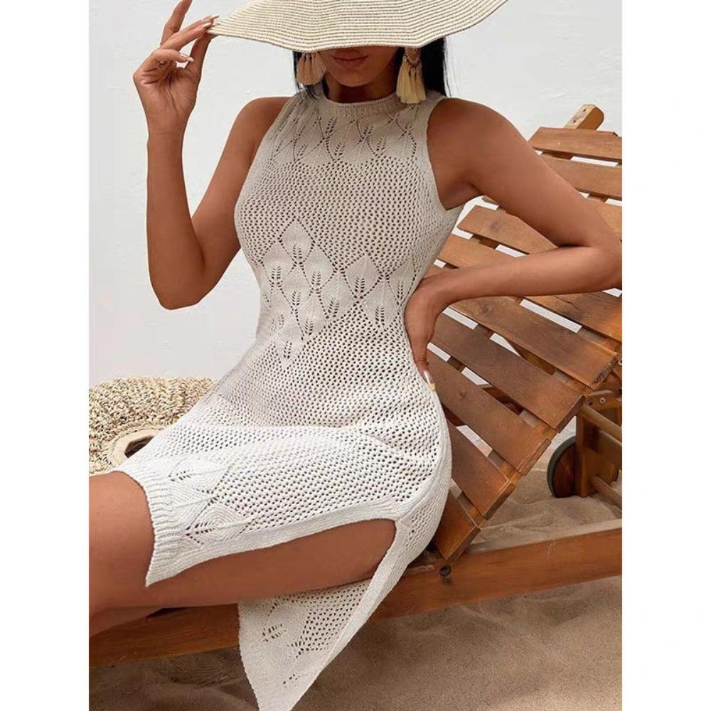 Summer Vacation Sexy Hollow Out O-neck Sleeveless Dress Solid Knitted Dress Elegant High Slit Dresses Beach Sunscreen Cover