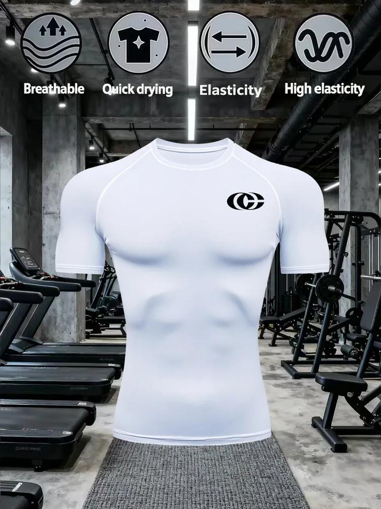Men s Black Logo Print Compression T-Shirt, Breathable Quick Dry High Elasticity Gym Workout Training Top S