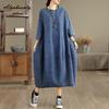 Plus Size Spring Summer Women Midi Dress O Neck Brief Oversized Vintage Dress Baggy 3/4 Sleeve Denim Ladies' Large Size Dresses