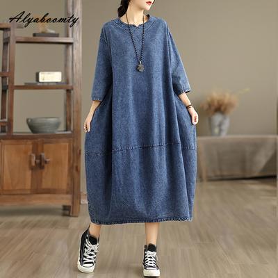 Plus Size Spring Summer Women Midi Dress O Neck Brief Oversized Vintage Dress Baggy 3/4 Sleeve Denim Ladies' Large Size Dresses