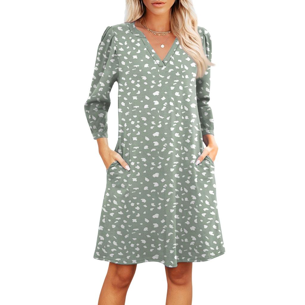 Women's Fashion V-neck Casual Beach Dress Three-quarter Sleeves Floral Print Dress