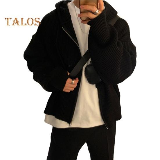 

Мужской свитер осень-зима пальто с капюшоном застежка-молния свободная застежка длинные рукава шнурок средней длины однотонный цвет ретро вязаная куртка L чёрный