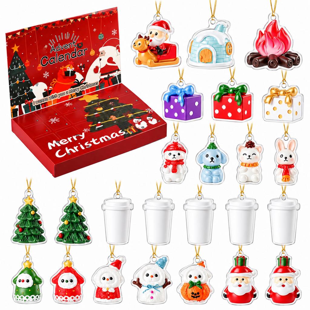 -Day Christmas Advent Calendar Set, Cute 2D Acrylic Holiday Ornaments, Tree Decorations Countdown Gift for Kids