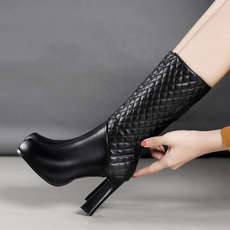 Fashion FHC Cowhide Leather Mid Calf Boots,Women's Winter Shoes Plush Botas,Side Zip,Square Heel Footware Female BLACK PLATFORM,Dropship