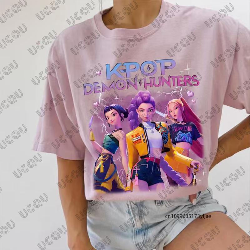 Hot Sale K-Pop Demon Hunters Print Cotton T-shirt For Women Summer Short Sleeve O-neck Tees Casual Streetwear Couple Tops