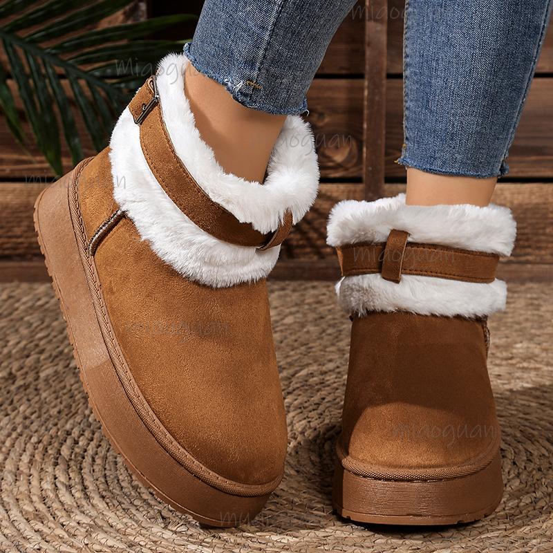 Fashion Buckle Faux Fur Winter Ankle Boots Women Cotton Padded Thicken Plush Snow Boots Comfort Thick Sole Non Slip Platform Casual Shoe