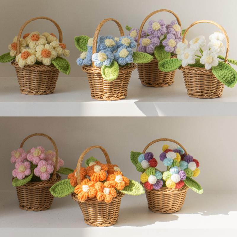 1 Stück Kleine Blaue Blume Topfpflanze Handgefertigt Wolle Gehäkelt Puff Desktop Dekoration Ornamente