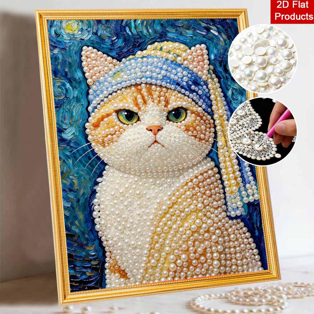 Pearl Painting DIY Kit Cute Cat Wearing Blue Hat Frameless Sparkling Bead Art Canvas Creative Home Decor Craft for Beginners