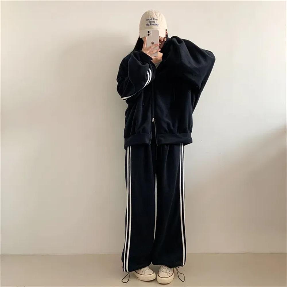 Grey Korean-Style Casual Two-Piece Cotton Blend Sweatshirt Set for Women - Spring/Autumn Fashion Patchwork Design