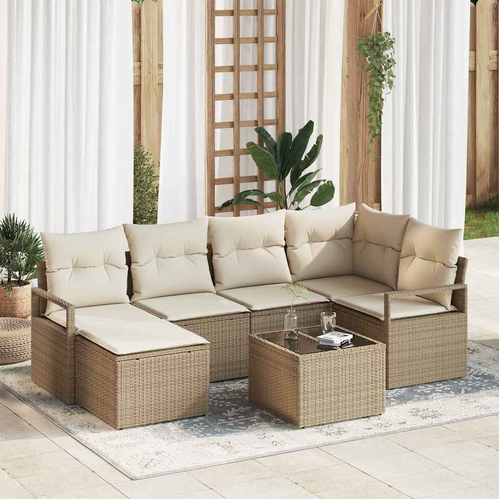 7 Piece Sofa Set with Cushions In Beige and Cream Poly Rattan