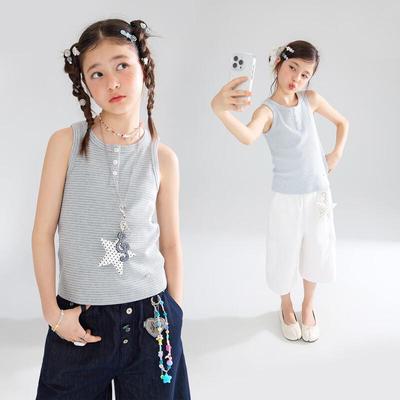 Girls' Striped Ribbed Henley Tank Top
