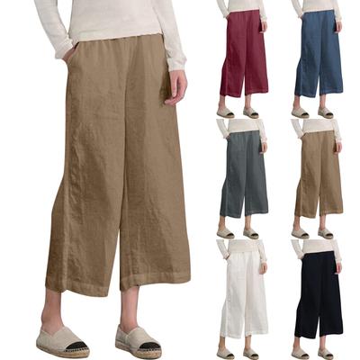 Women's Fashion Solid Color Cotton Hemp Loose Elastic Belt Pocket Wide Leg Niners Casual Pants