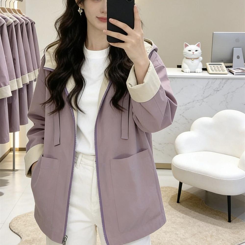 Women Mid Length Reversible Hooded Jacket Spring Autumn Loose Casual Windbreaker