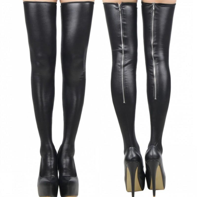 Punk Black Pu Leather Stockings Thigh High Non-Slip Stockings S-Xxl Plus Size Wet-Look Clubwear Ladies Night Club Long Socks