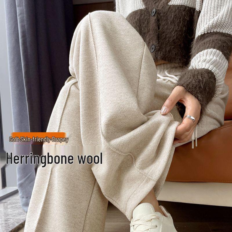

Women s Herringbone Wool Fleece-Lined Pants: High Waist, Slimming Wide-Leg, Autumn/Winter 2024 Style XL