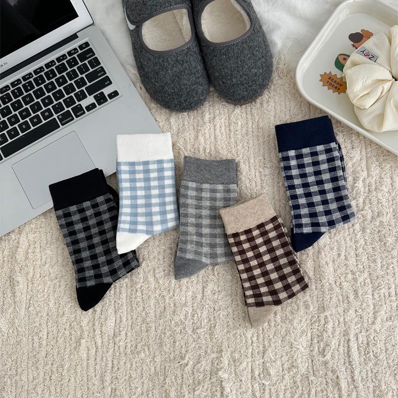 Korean Style Blue & White Plaid Mid-Calf Socks for Women - Academy Style, Perfect for Spring & Autumn, Ideal with Small Leather Shoes