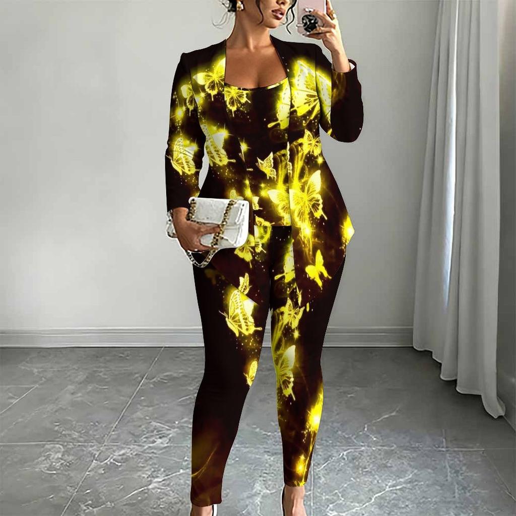 Plus Size Butterfly Print 3 Piece Outfit, Long Sleeve Open Front Cardigan Cami Top Leggings Set for Women
