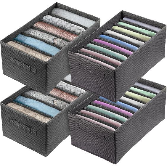 Ohlove 4Pcs Large Wardrobe Clothes Organizer, 6/9 Grids Foldable Jeans Closet Drawer Organizer Storage Box with Handles for Pants, T-shirts, Sweater,