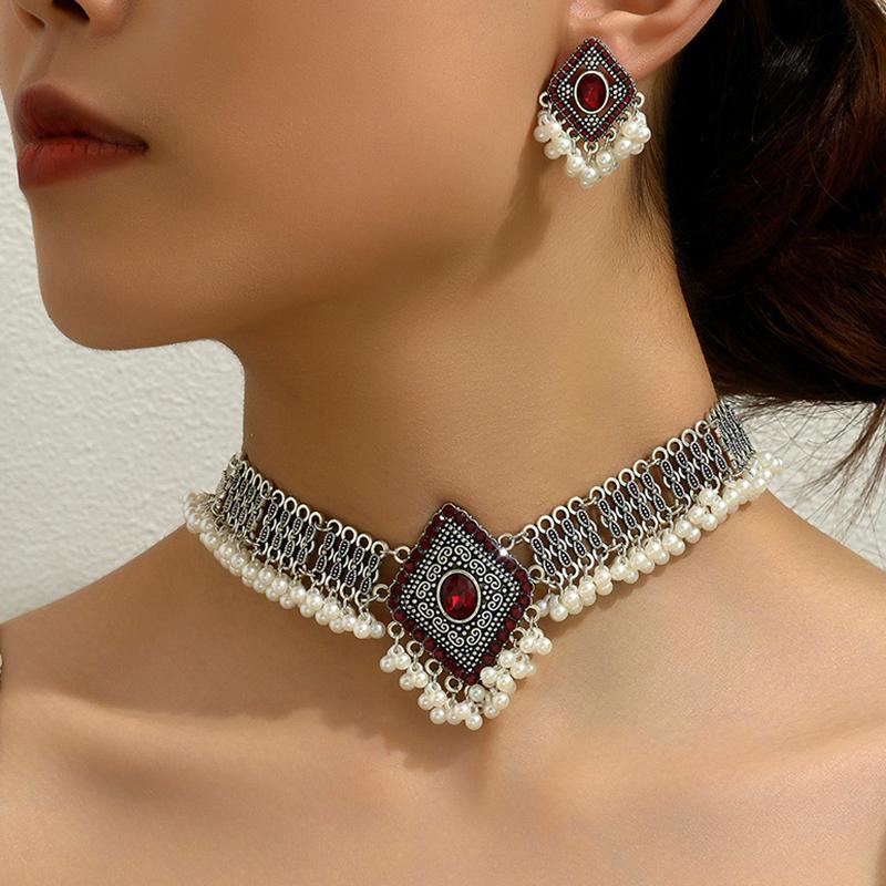 

1 комплект винтажных ювелирных изделий из драгоценных камней и жемчуга в этническом стиле, повседневное ожерелье, серьги, кольцо, роскошные элегантные аксессуары для вечеринок, подарки
