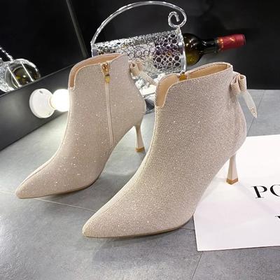 2024 Fashion Short Boots Women's Spring/Autumn New Pointed Toe Stiletto Butterfly-Knot High Heels Shiny Sexy Party Dress Shoes