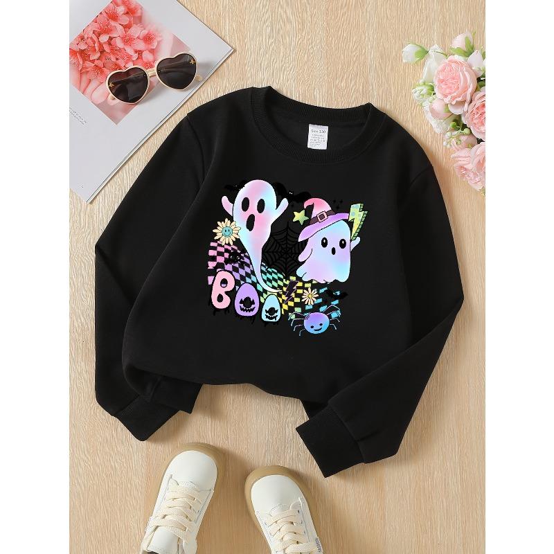 European Sizes Girls' Long-Sleeve Crewneck Sweatshirt "Cute for Halloween Ghosts" Printed Top, Casual for Celebrations & Everyday Wear