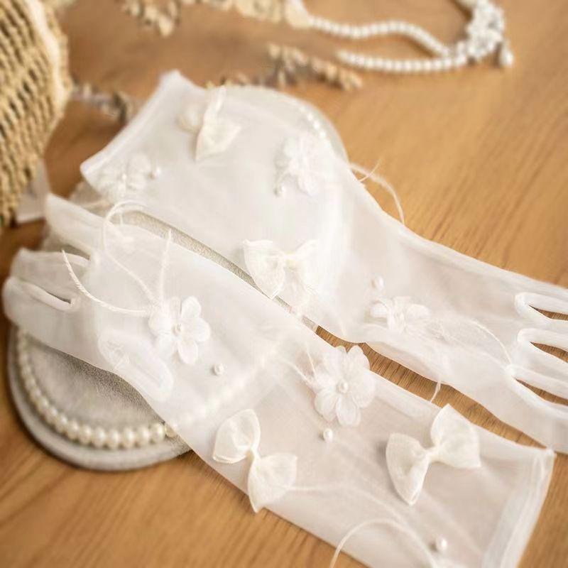 Mesh Bride Wedding Gloves Beautiful Bowknot Feather See-through Decor Gloves Pography Accessories