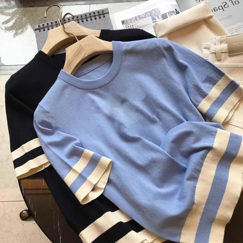

Women Summer Casual Striped Knit Top Crew Neck Short Sleeve Contrast Cuff Tee XL синій