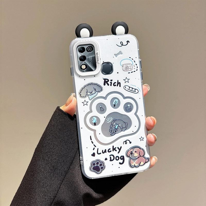 KEYSION Cute Ear Cartoon Case for Infinix Hot 11 Play with Lanyard Soft Silicone+PC Shockproof Phone Back Cover for Infinix Hot 10 9 Play