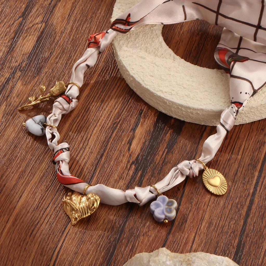 Silk Scarf & Pendant Heart Flower Necklace - Gentle Forest Style
