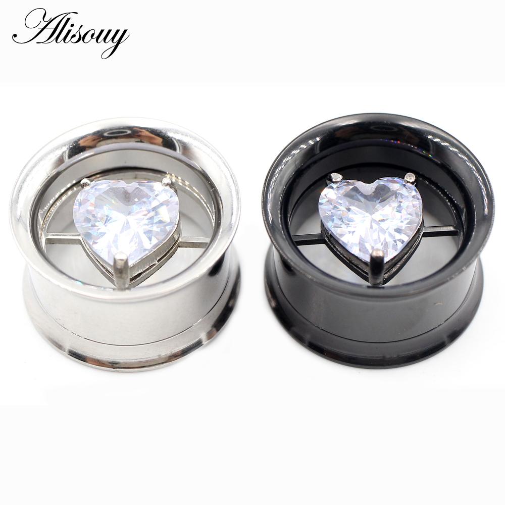Alisouy 2PCS Stainless Steel Round Heart Zircon Ear Flesh Tunnels Plugs Expander Stretcher Double Flared Gauges Piercing Jewelry