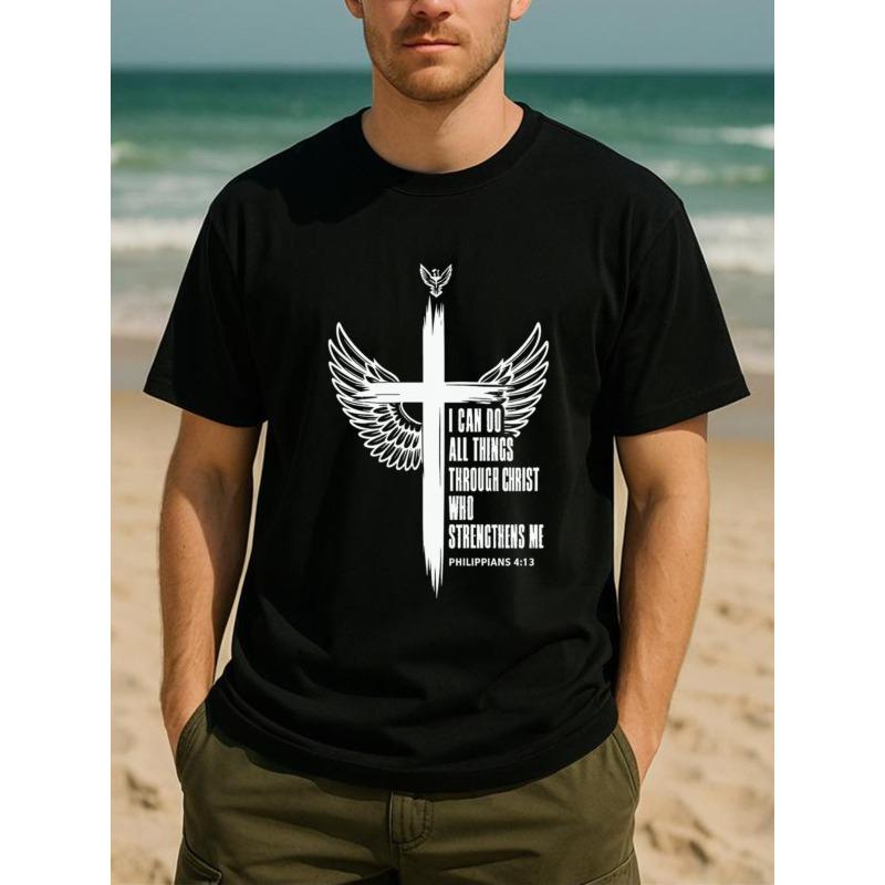 Evropské velikosti Potištěná pánská košile s krátkým rukávem 'Broken Cross Scripture' | Nová trendy, celoroční, absorpční a rychleschnoucí