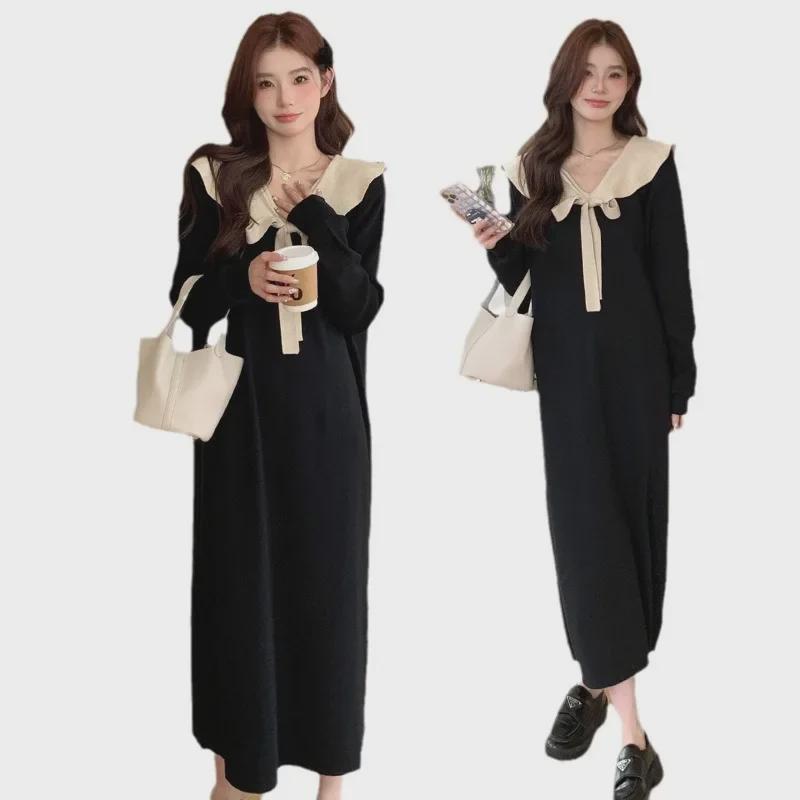 Korean Style Loose Knit Sweater Dress with Lotus Leaf Collar for Pregnant Women