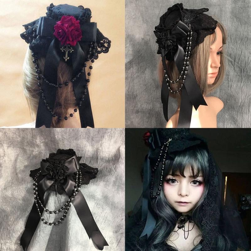 Lolita Ribbon Bows Beaded Pendant Bonnet Cap Headdress Gothic Flower Lace Mini Top Hat Headwear Cosplay Accessories