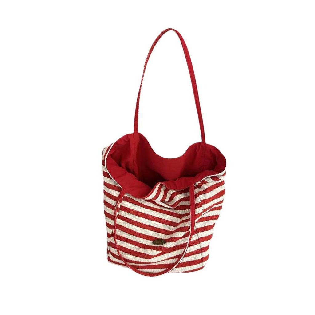 Double-sided striped canvas bag female niche Korean large-capacity lazy wind tote bag student leisure shopping bag bag