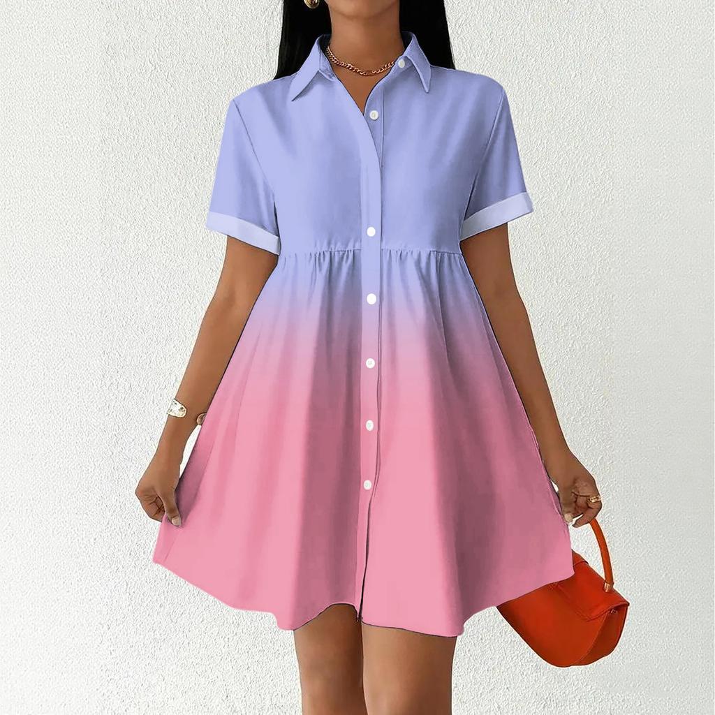 Women’s Casual Loose Shirt Dress Button Front Stand Collar Short Sleeve Gradient Print Relaxed Fit Tunic Dress for Daily Wear