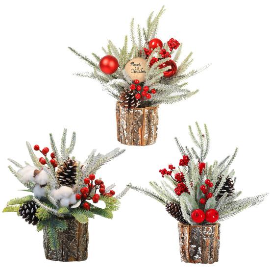 Christmas Artificial Snowy Pine Branches with Vase Faux Pine Cone Berry Arrangement Vintage Faux Cedar Greenery Picks for Home Indoor Fireplace Mantel