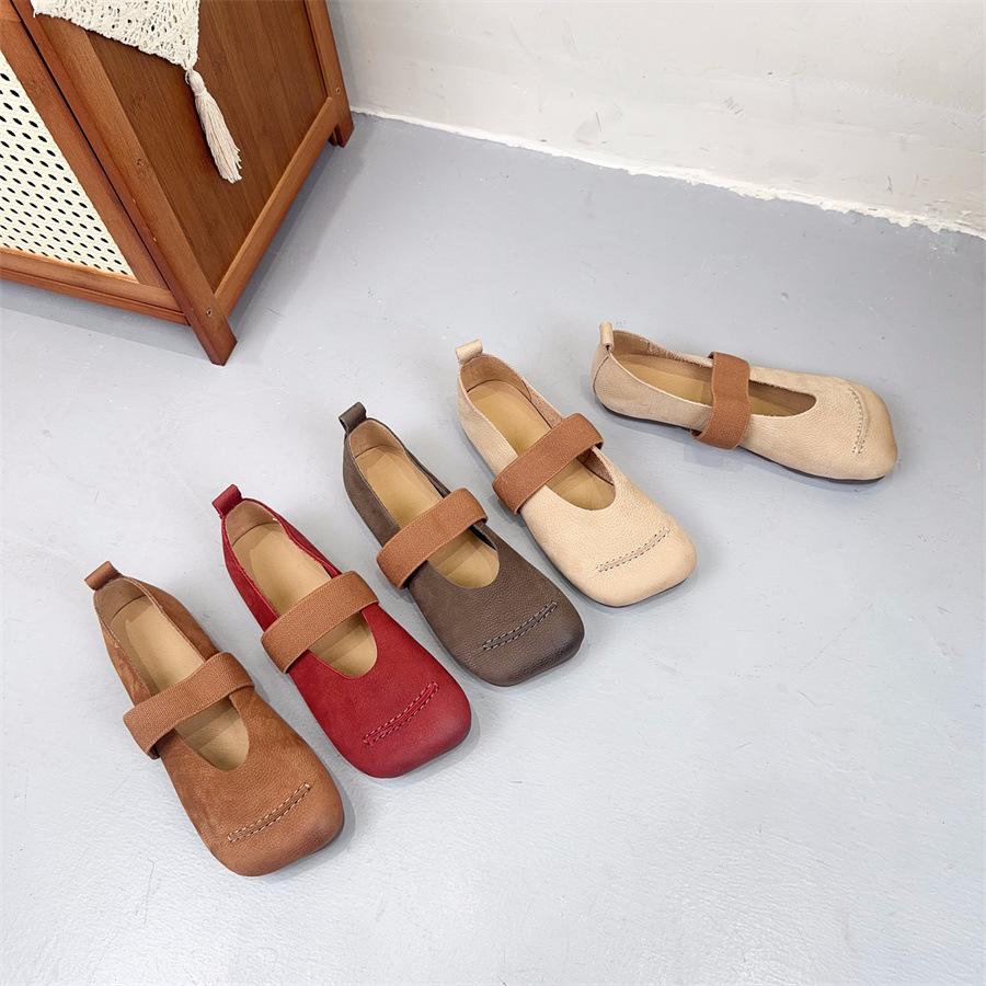 Johnature Flache Schuhe aus Rindsleder mit quadratischer Zehenpartie, Halbschuhe, echtes Leder, weiche Sohle, vielseitige Damenschuhe
